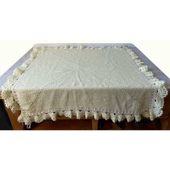 Baby Blanket Afghan Hand Knit Crocheted Soft Yellow with White Ribbon Homemade - Picture 8 of 11